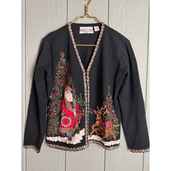 Vintage Christmas Sweater Marisa Christina Beaded Santa/Reindeer Cardigan Small - Picture 1 of 7